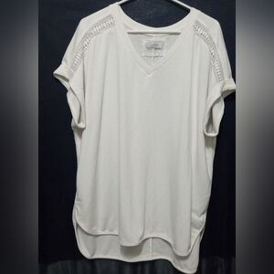 Cupio Cream Crochet Lace Shoulder V-Neck Top Short Sleeve Dolman XL High-Low